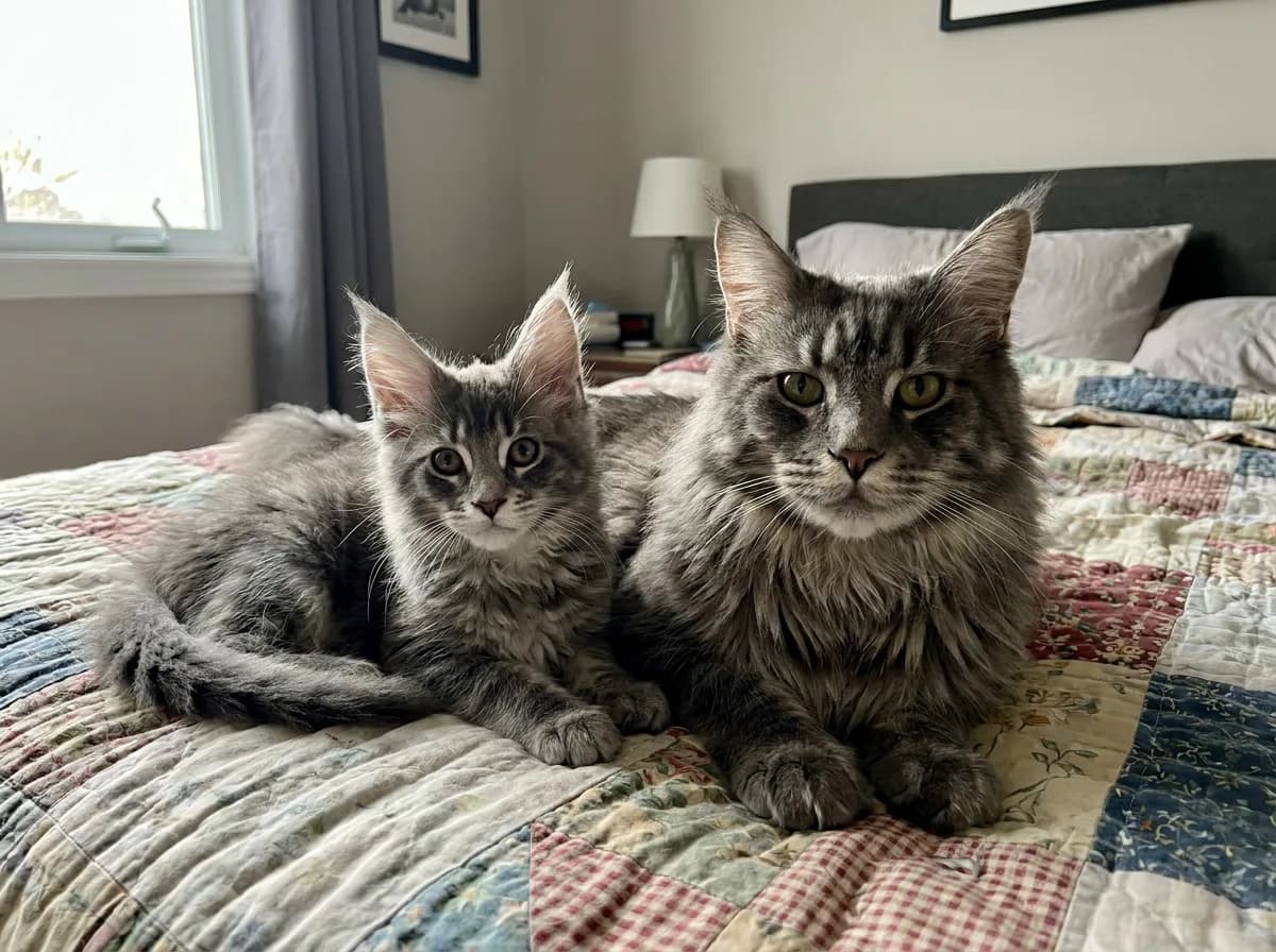 A Maine Coon kitten and adult lying together on a patterned bedspread.
