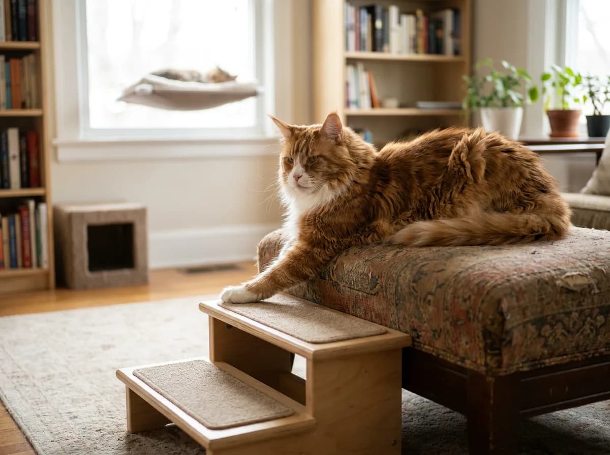 Red Maine Coon resting on a low bench beside wide wooden pet steps.