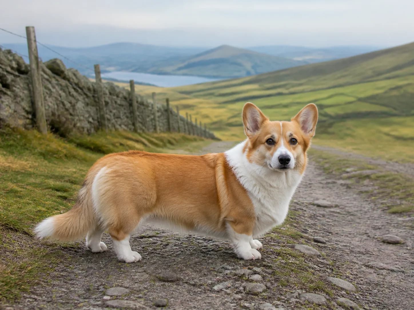 Adult red and white Pembroke Welsh Corgi standing on a rocky path above green Welsh hills.