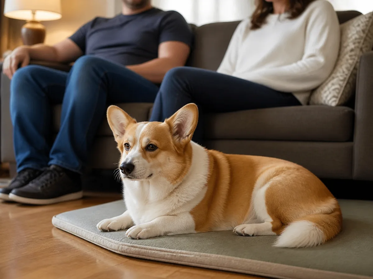 Relaxed Pembroke Welsh Corgi resting on a mat near two seated adults in a living room.