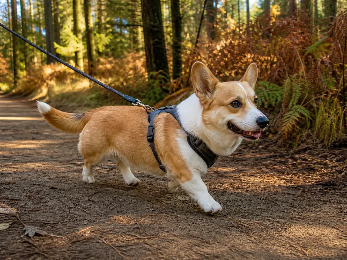 Fit Pembroke Welsh Corgi walking in a gray harness on a sunlit woodland trail.