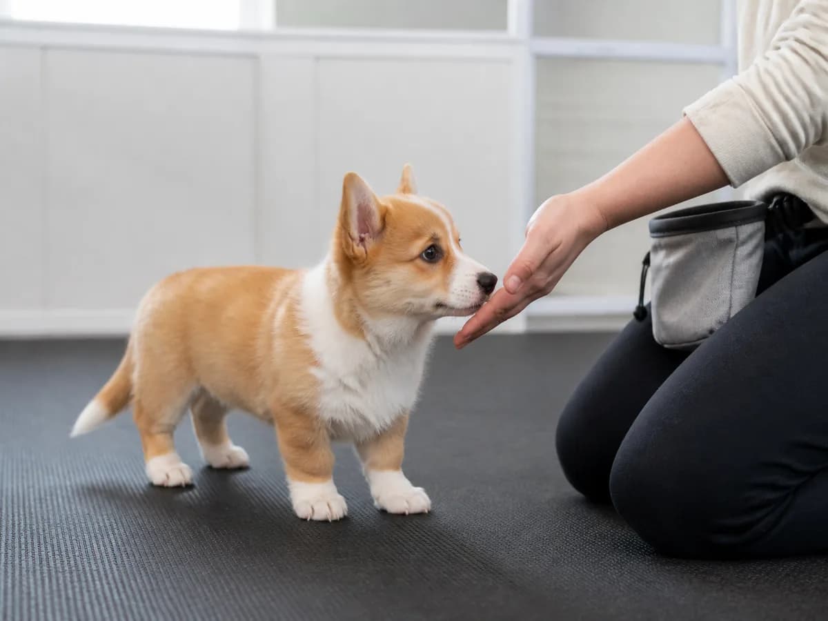 Pembroke Welsh Corgi puppy touching a trainer's open palm during a calm target exercise.