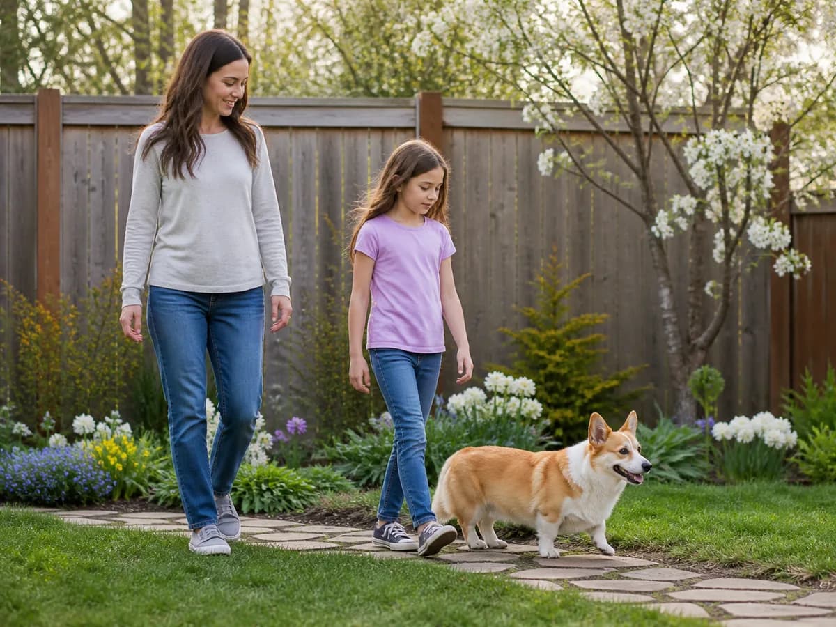 Pembroke Welsh Corgi walking beside a supervised school-age child and adult in a fenced garden.