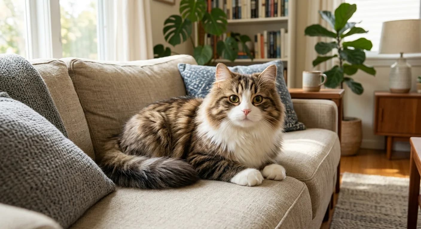 A large brown tabby and white Ragamuffin cat with big round gold-green eyes and a plush coat resting calmly on a couch