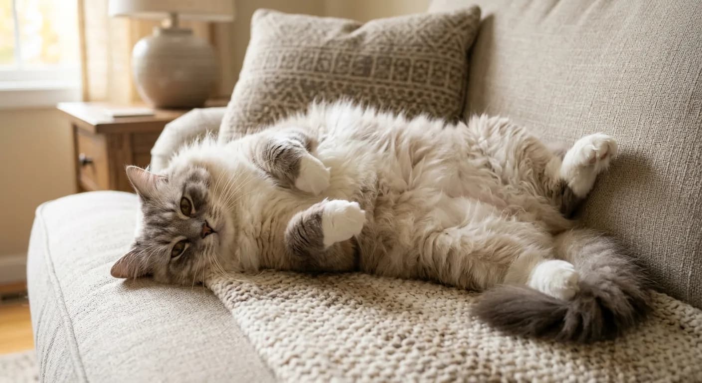 A docile Ragamuffin cat lying relaxed and floppy on its back on a soft couch, completely at ease