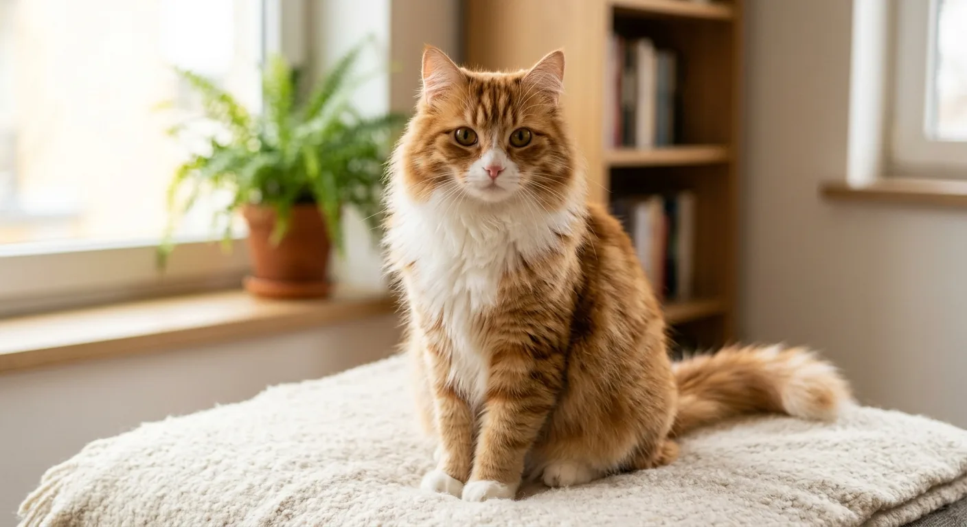 A red and white (orange) Ragamuffin cat showing its plush rabbit-soft medium-long coat and big round eyes