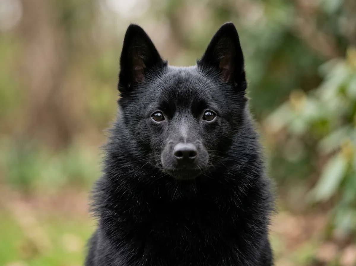 Close-up of a Schipperke head and shoulders showing the thick black neck ruff, small erect triangular ears, and sharp fox-like face, dark eyes bright