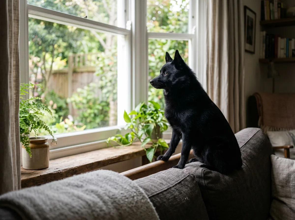 A Schipperke perched alertly on the back of a couch looking out a window into a yard, indoor home setting with soft natural light, ears pricked and wa