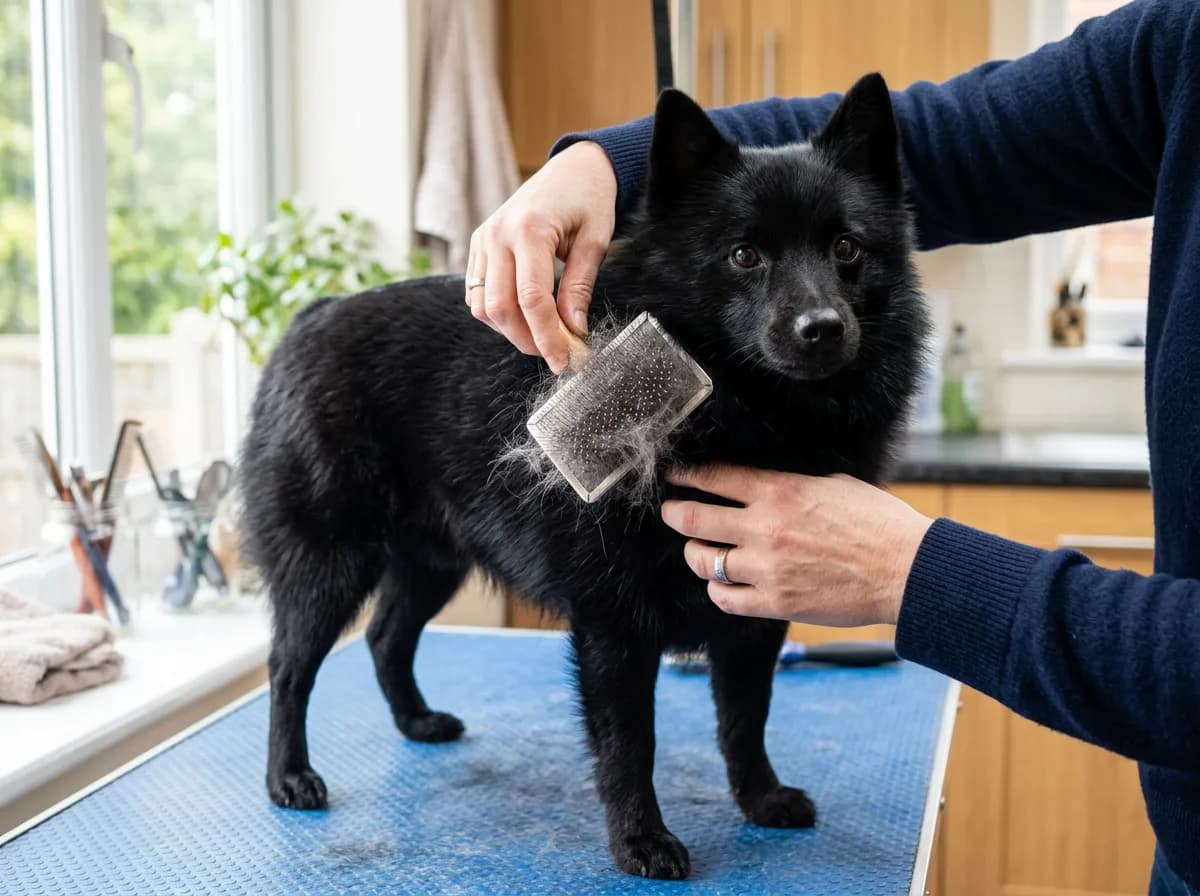 A Schipperke being brushed with a slicker brush on a grooming surface, thick black double coat visible with loose undercoat coming free, owner's hands
