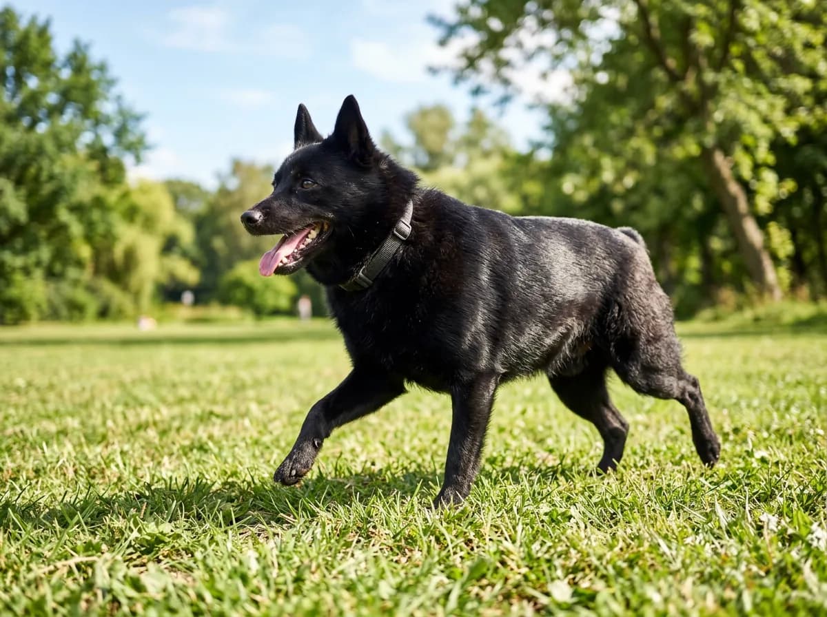A robust senior Schipperke trotting briskly across a grassy park in bright sun, sound and muscular in movement, tongue out and clearly healthy, low ca