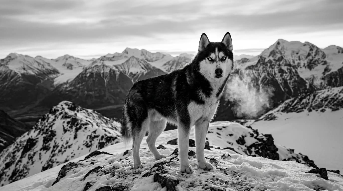a striking black-and-white Siberian Husky standing on a snowy ridge at dawn, ice-blue eyes looking toward the camera, breath visible in cold air