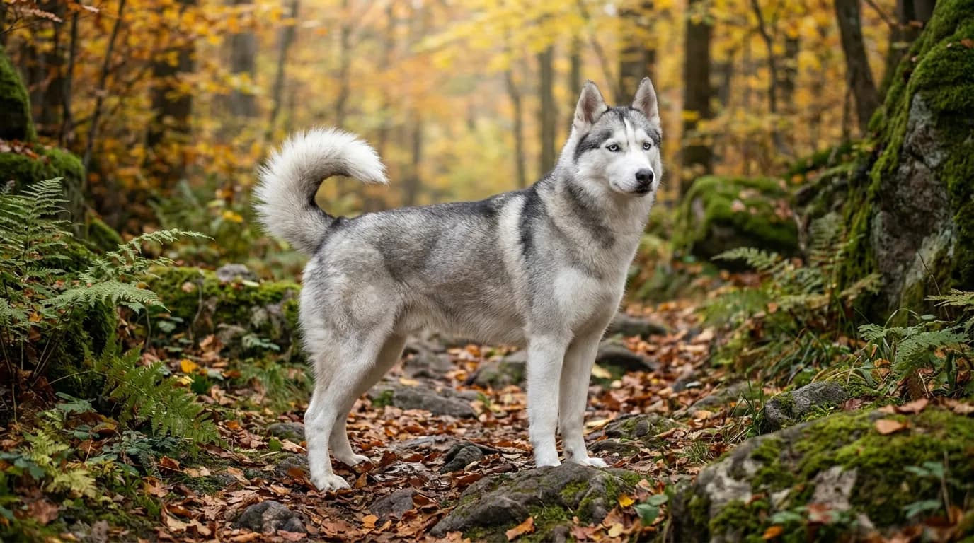 Gray-and-white Siberian Husky standing on an autumn woodland trail