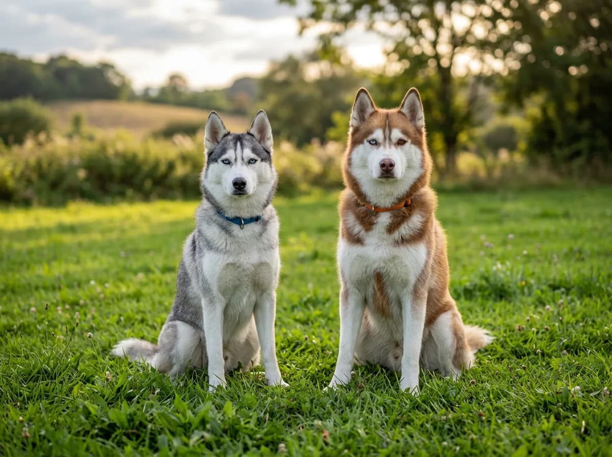 two Siberian huskies of different coat colors, one gray-and-white and one red-and-white, sitting side by side on grass showing size and build
