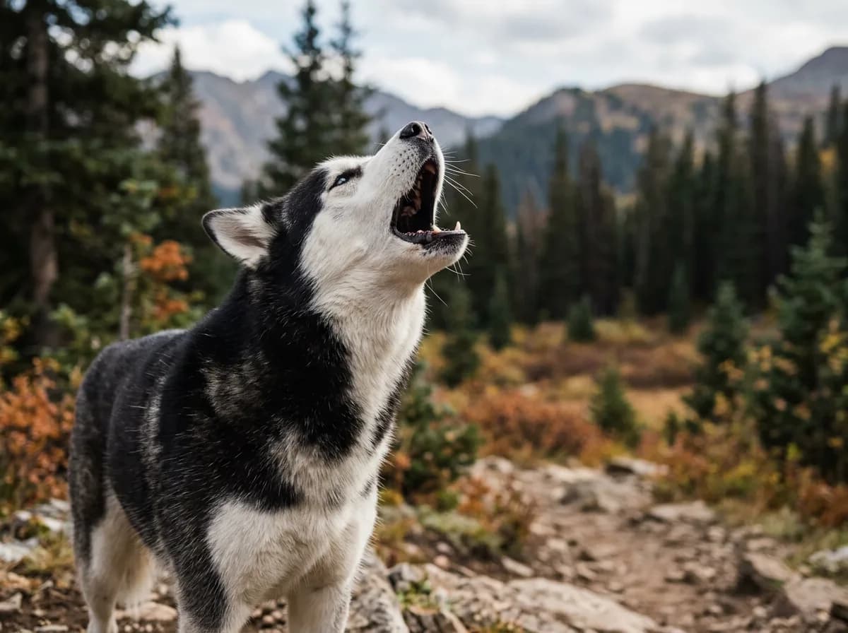 a Siberian husky mid-howl outdoors, head tilted back, mouth open, illustrating the breed's vocal talking behavior