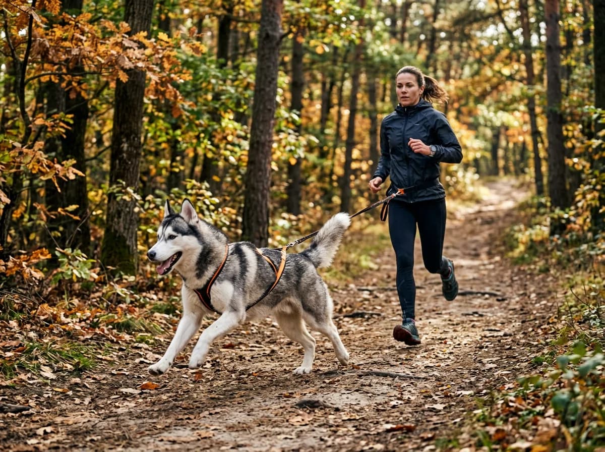 a Siberian husky running full-stride on a forest trail alongside a jogger, showing the breed's endurance and need for hard daily exercise