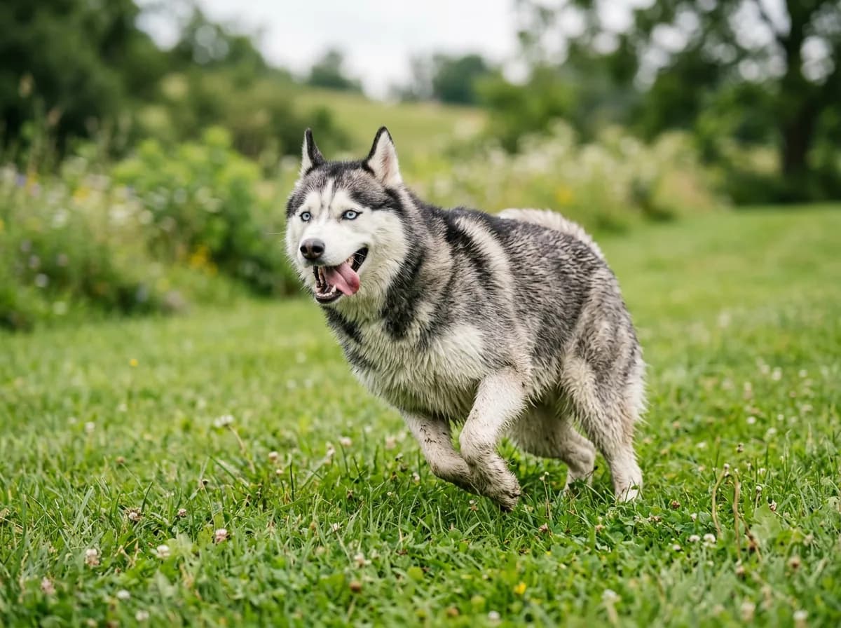 a Siberian Husky with thick coat and striking eyes