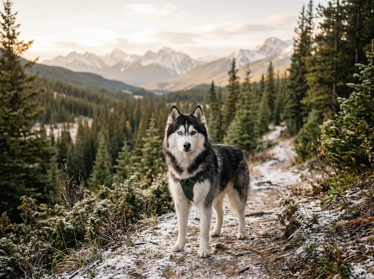 a Siberian Husky with thick coat and striking eyes