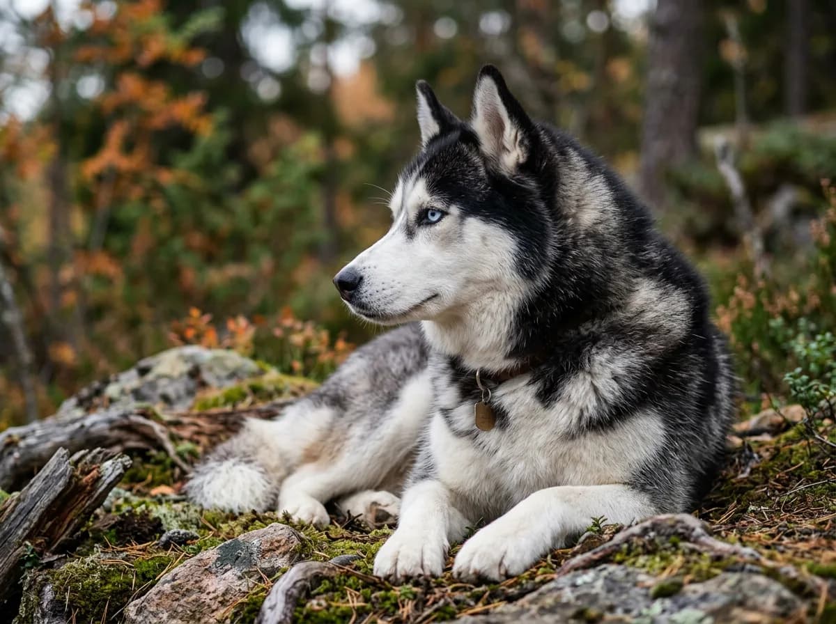 a Siberian Husky with thick coat and striking eyes