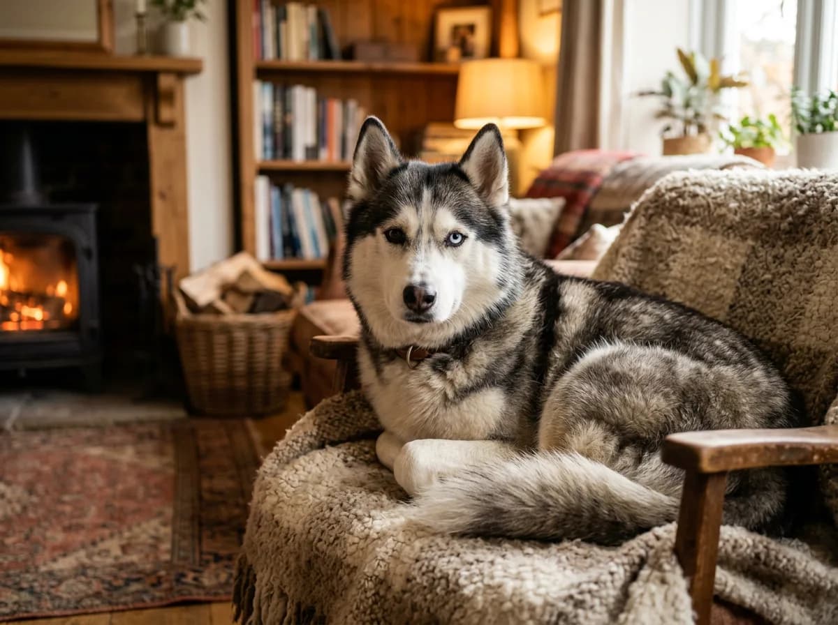 a Siberian Husky with thick coat and striking eyes