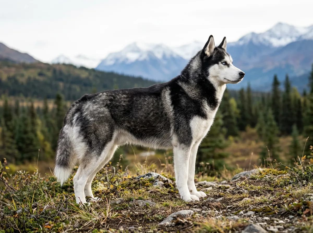 a Siberian Husky with thick coat and striking eyes