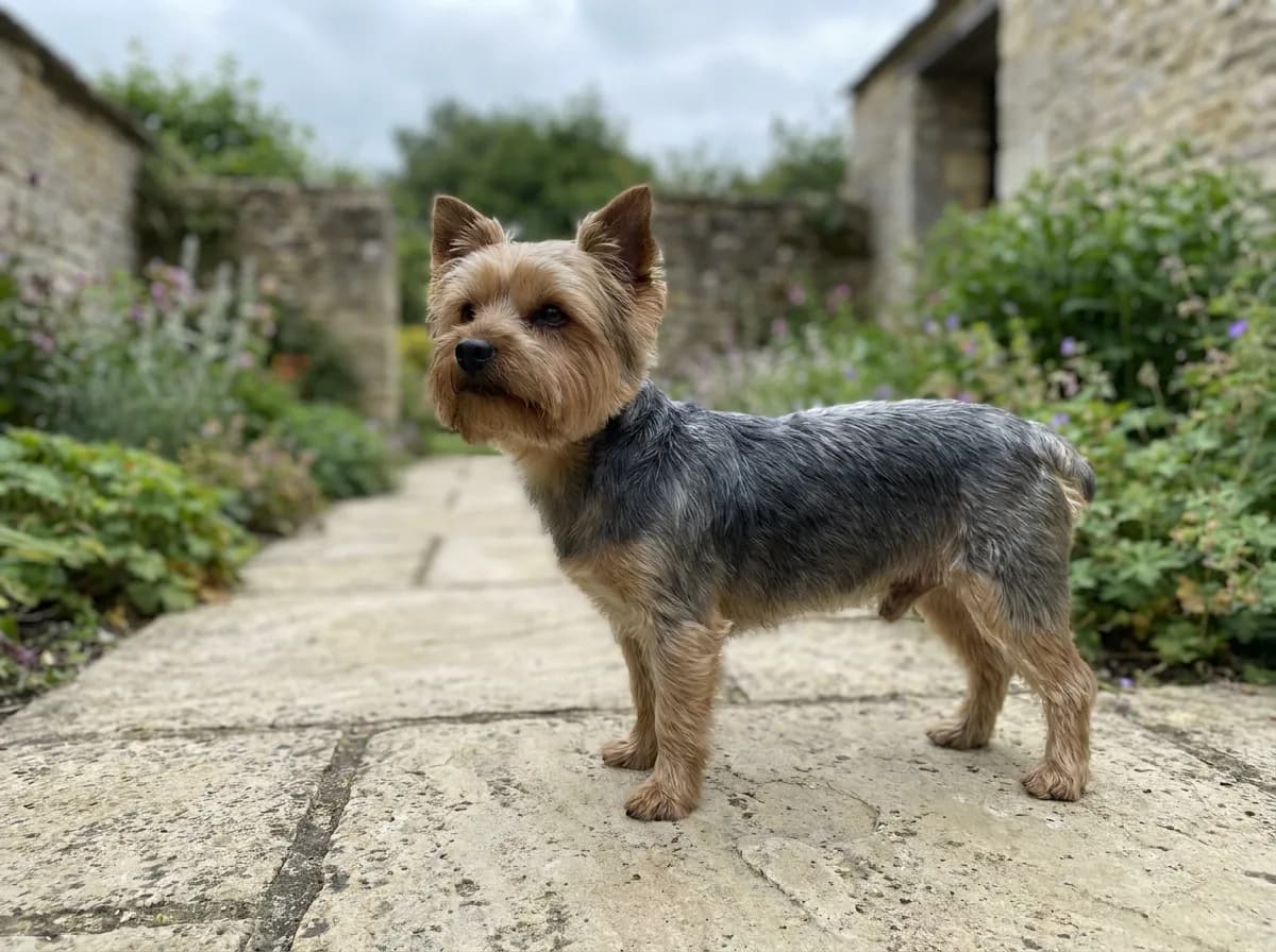 Blue-and-tan Yorkshire Terrier standing on a stone garden path.