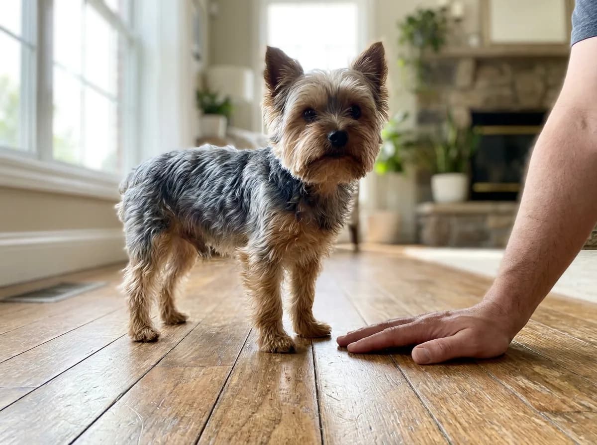 Small Yorkshire Terrier standing beside an adult's hand on a wooden floor.