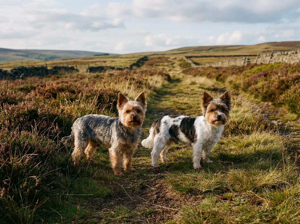 Blue-and-tan Yorkie beside a white, dark-patched and tan Yorkie on a grassy hillside.