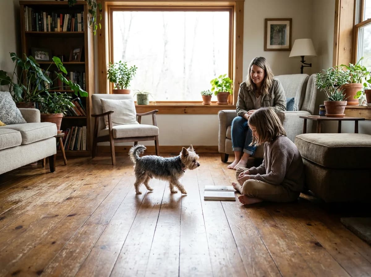 Yorkshire Terrier approaching a seated child while an adult watches nearby.