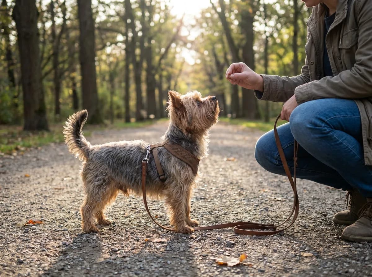 Yorkshire Terrier in a harness looking toward a crouching handler's hand on a woodland path.