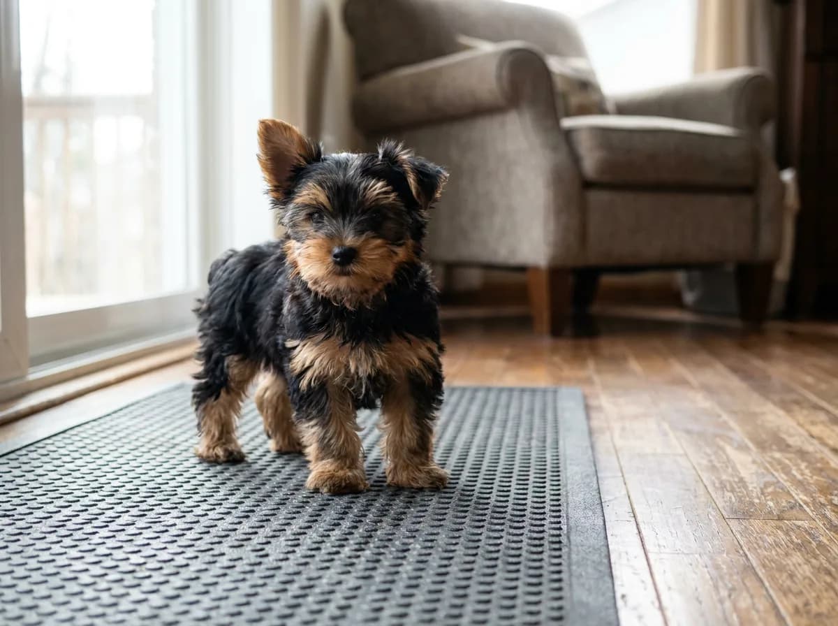 Young black-and-tan Yorkshire Terrier standing on a gray mat beside an armchair.