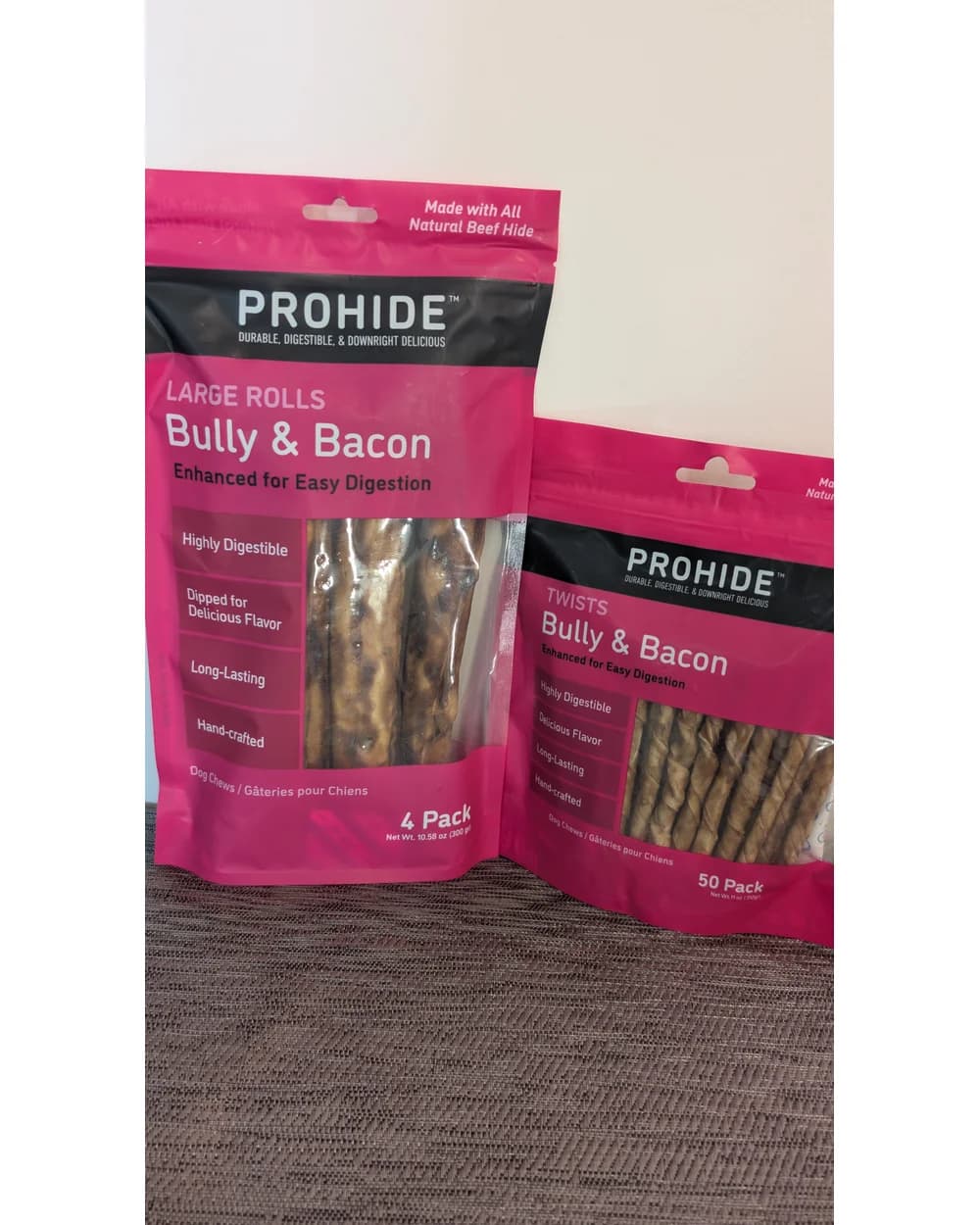 ProHide Bully & Bacon Twists and Large Rolls packages side by side