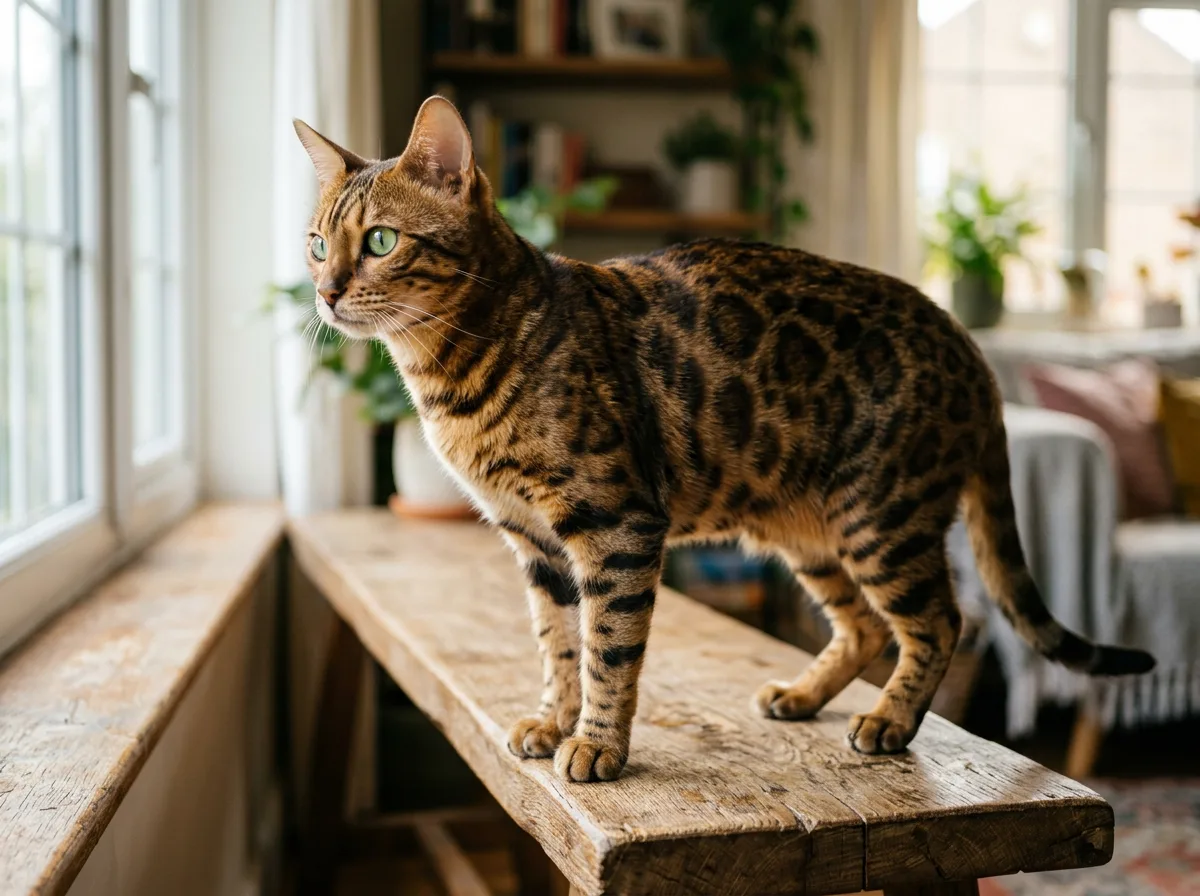 A Bengal cat with a spotted and rosetted leopard-like golden-brown coat standing alert on a wooden ledge