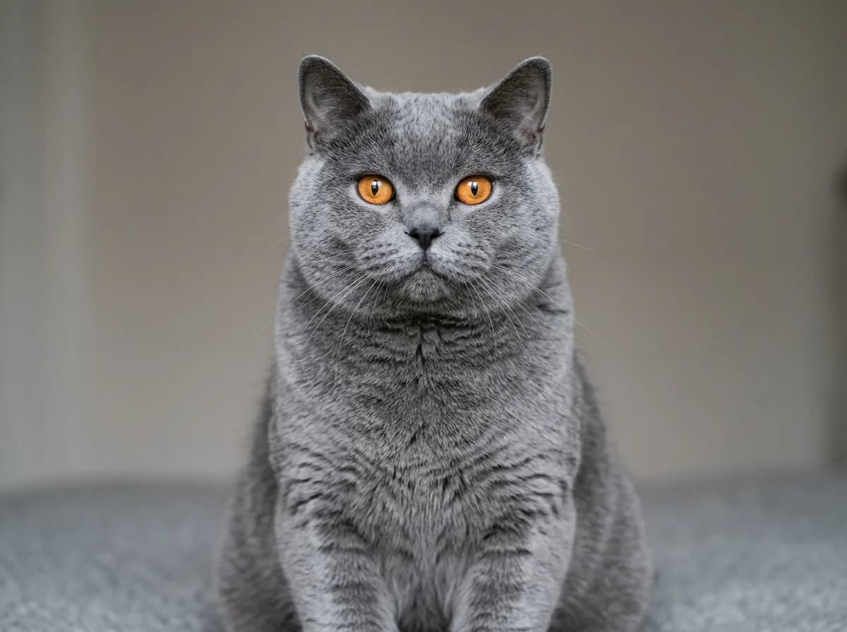 A British Shorthair cat with a round face, plush blue-grey coat and copper eyes sitting upright facing the camera