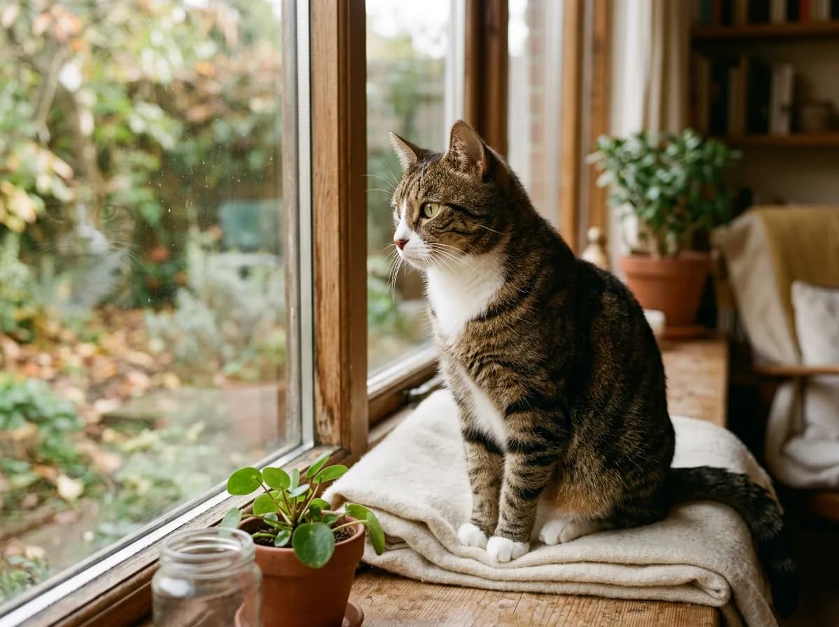 An ordinary mixed-breed brown tabby domestic shorthair cat sitting on a windowsill looking outside