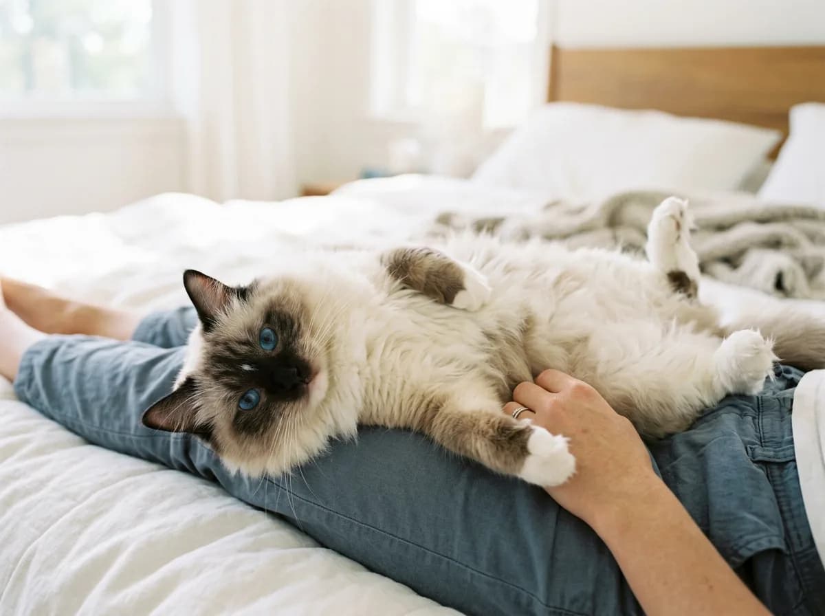 A large color-point Ragdoll cat with blue eyes lying relaxed and limp on its back on a bright bed