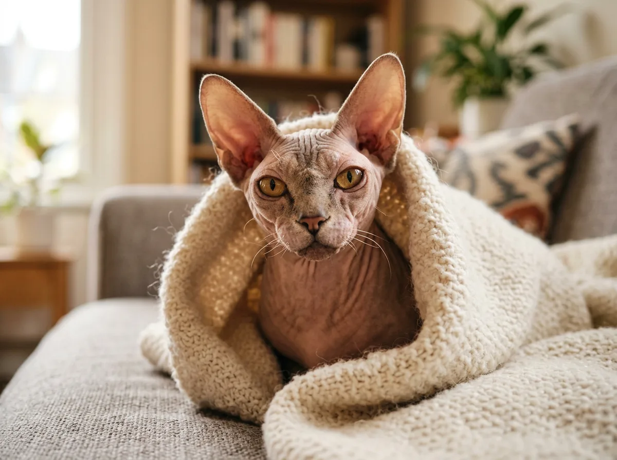 A hairless Sphynx cat with wrinkled skin and large ears wrapped in a soft cream blanket on a sofa