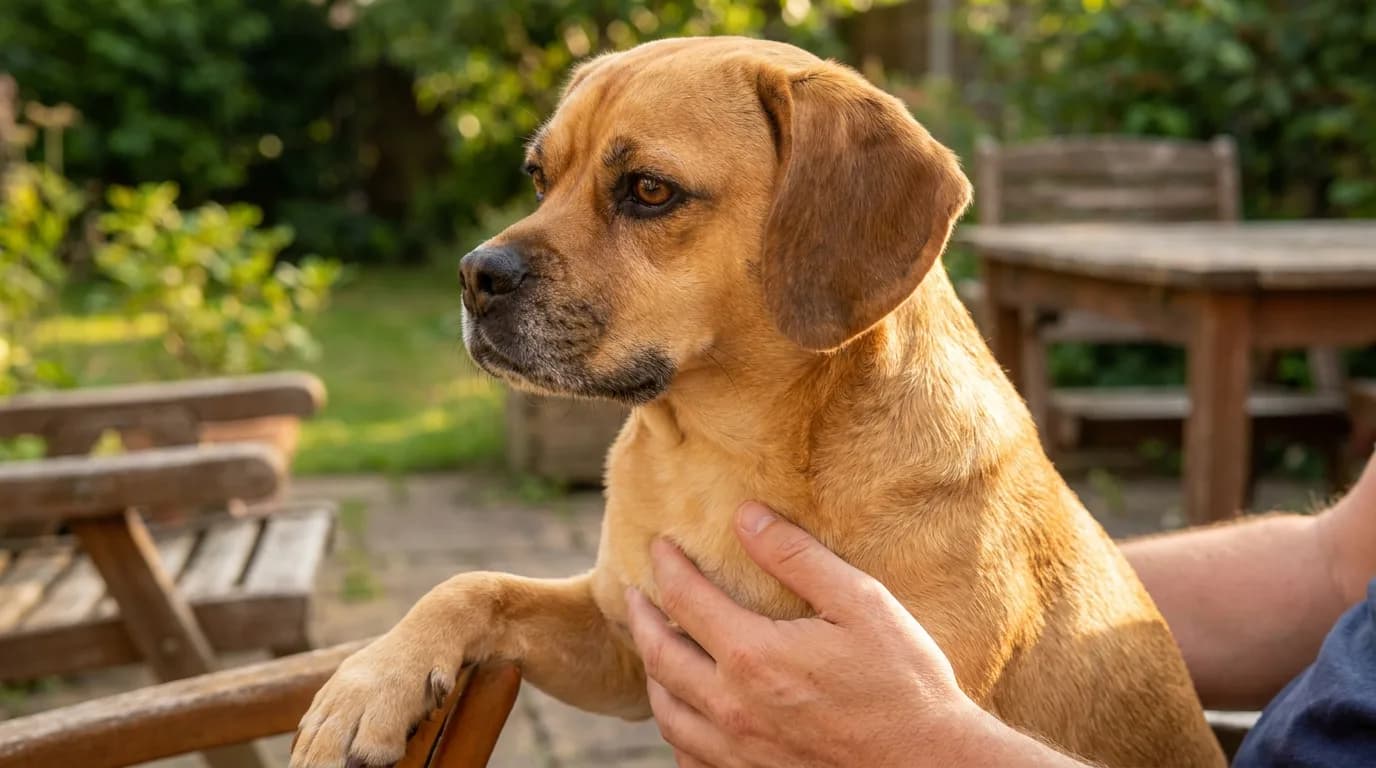 Tan Puggle with floppy ears and a moderate muzzle outdoors