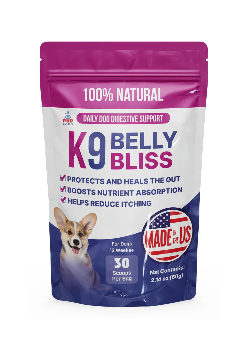 Pup Labs K9 Belly Bliss powder in its pink and white resealable package.