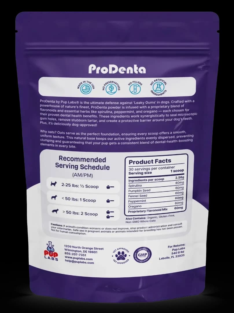 ProDenta back label with its Product Facts panel and serving schedule.