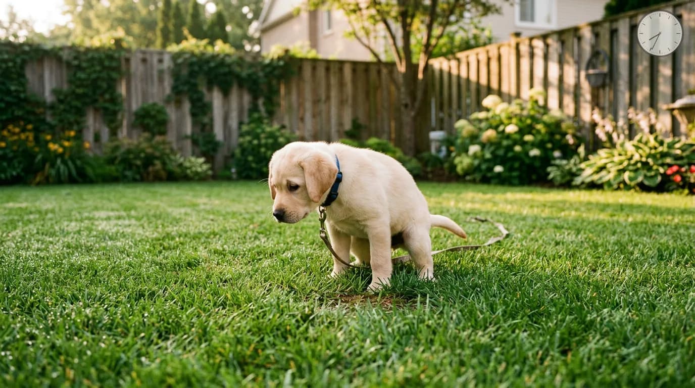 a small 10-week-old yellow Labrador puppy squatting to pee on green grass in a fenced suburban backyard at early morning golden light, a wall clock icon su