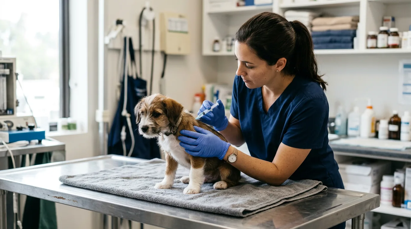 a veterinarian in blue gloves giving a small brown puppy a vaccine injection in the scruff while the calm puppy sits on a stainless steel exam table
