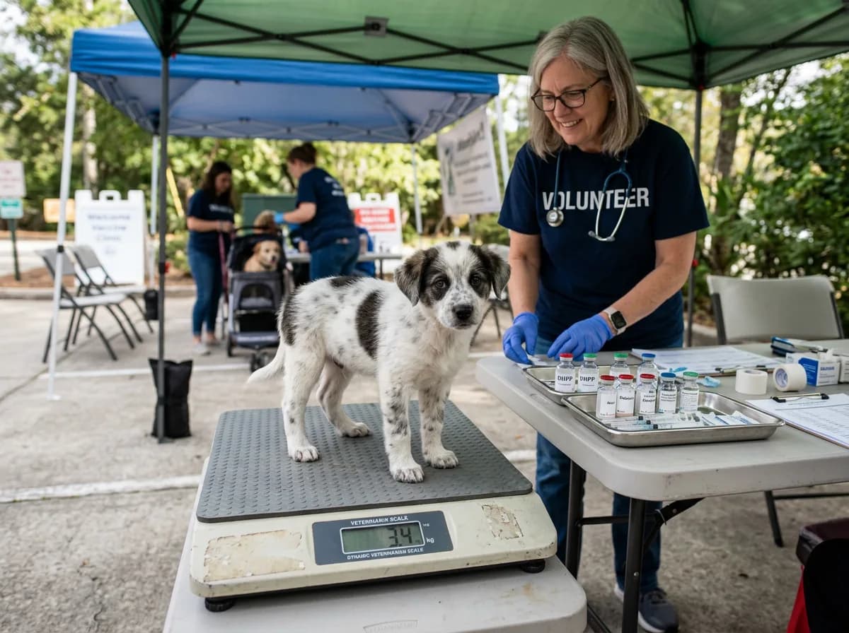 a spotted puppy standing on a portable scale at a low-cost mobile vaccine clinic under a pop-up tent, with a volunteer and a folding table of labeled vaccine vials in the background