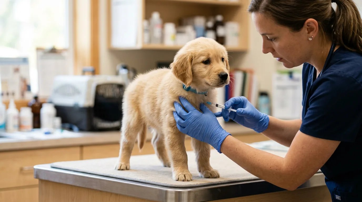 a small puppy receiving a vaccine injection in its shoulder from a veterinarian's gloved hands at a clinic