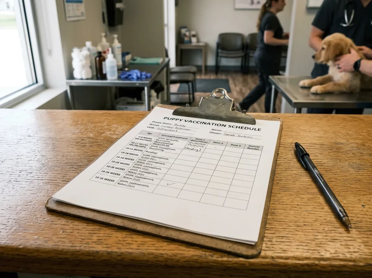 a printed puppy vaccination schedule chart on a clipboard resting on a wooden vet clinic counter next to a pen
