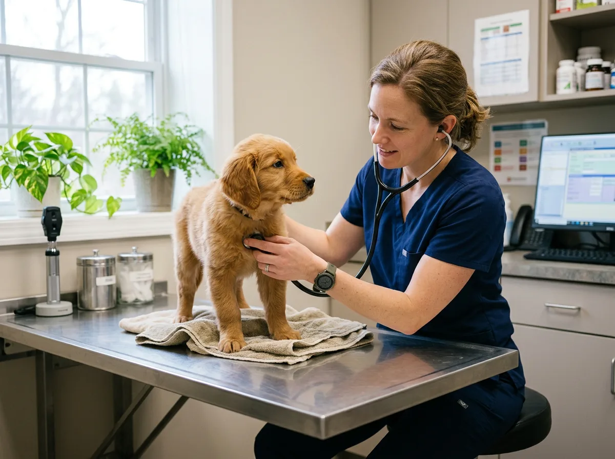 a veterinarian examining a young puppy on a stainless steel exam table with a stethoscope during a wellness visit