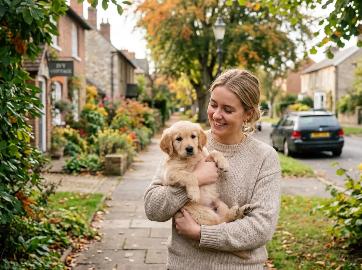 an eight week old puppy being carried in its owner's arms outdoors on a quiet residential street