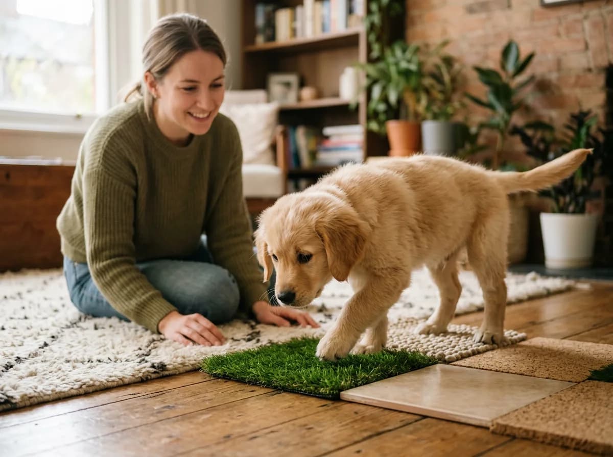 a puppy calmly exploring different textured surfaces indoors while a person gently supervises during a socialization session