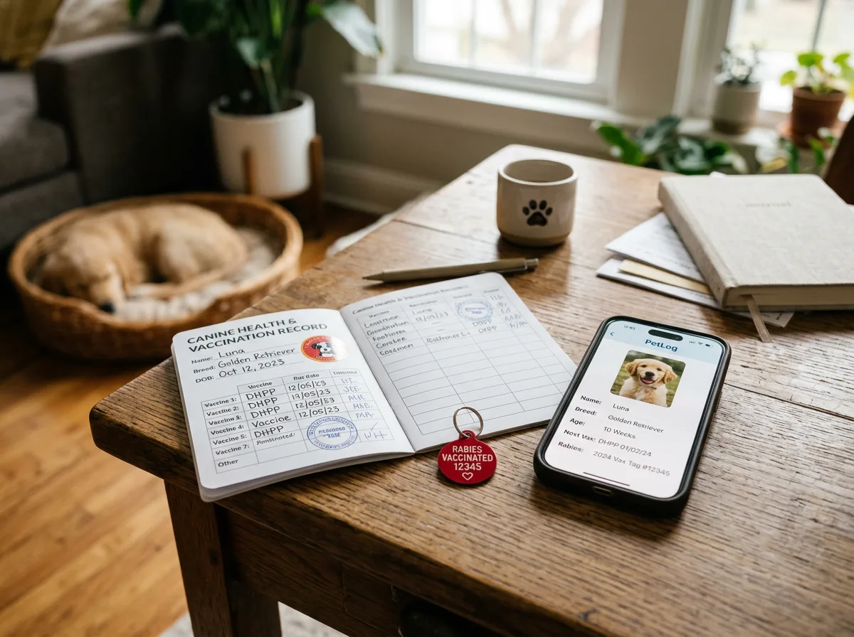an organized new-puppy paperwork setup on a desk with a vaccination record booklet, rabies tag, and a phone showing a digital pet record