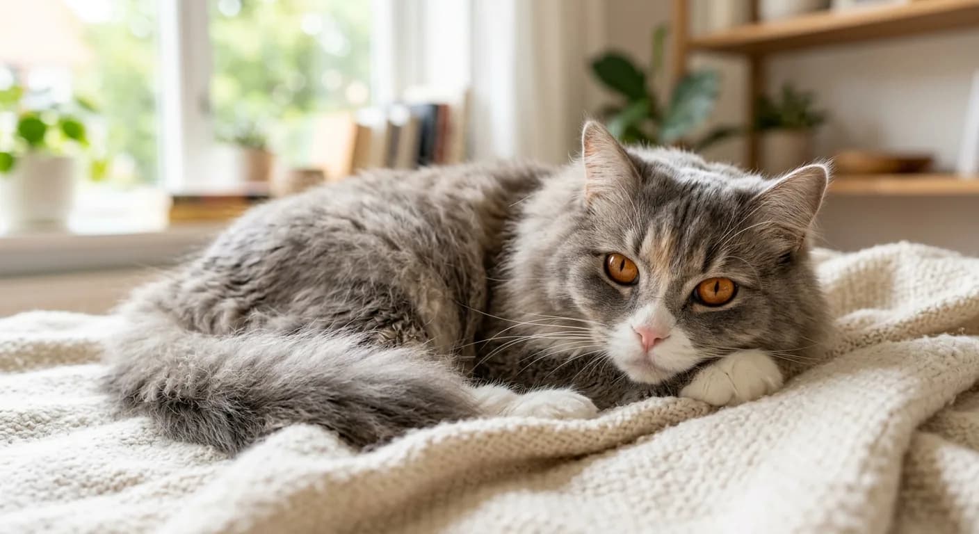 A plush blue-cream Ragamuffin cat with a soft gray and cream coat and large copper eyes lounging on a cream blanket