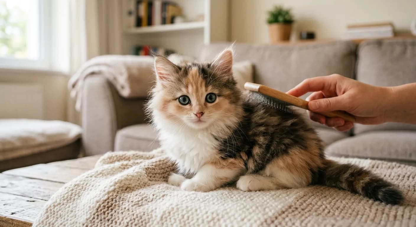 A fluffy tortoiseshell-and-white Ragamuffin kitten being gently brushed with a slicker brush in a cozy home
